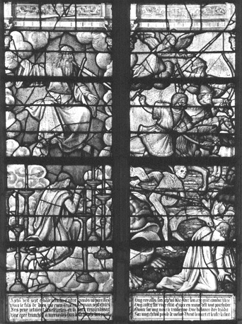 Gebrandschilderd raam: de Apocalyps, detail : Christus tussen kandelaren (links), de Vier Ruiters (rechts)