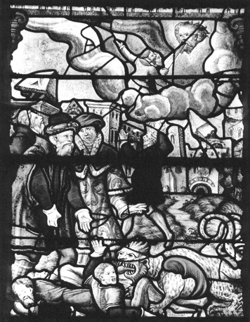 Gebrandschilderd raam, noordelijke zijbeuk: Apocalyps, detail: de twee getuigen van God