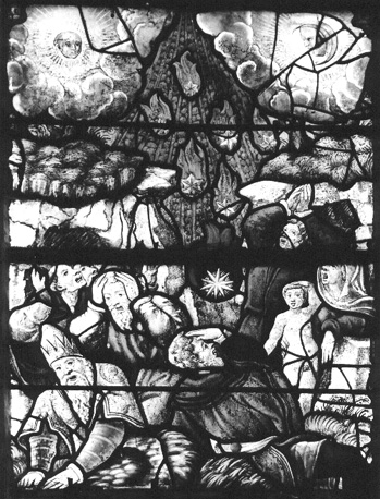 Gebrandschilderd raam, noordelijke zijbeuk: Apocalyps, detail: grote aard-beving, zonsverduistering, sterren vallen op aarde, mensen schuilen in grotten