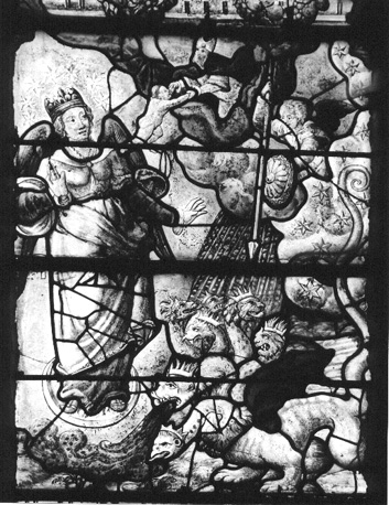 Gebrandschilderd raam, noordelijke zijbeuk: Apocalyps, detail: vrouw met sterren rond haar hoofd staande op maan, bedreigd door een draak; Michaël bevecht de draak
