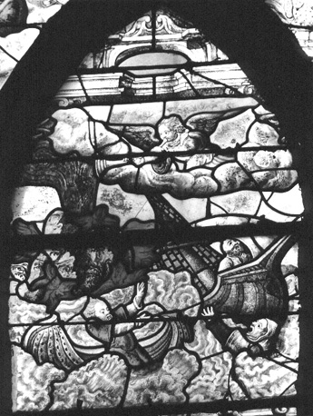 Gebrandschilderd raam, noordelijke zijbeuk: Apocalyps, detail: brandende berg in zee geworpen