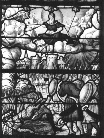 Gebrandschilderd raam, noordelijke zijbeuk: Apocalyps, detail: eerste opstanding der doden, Satan in vuurzee geworpen