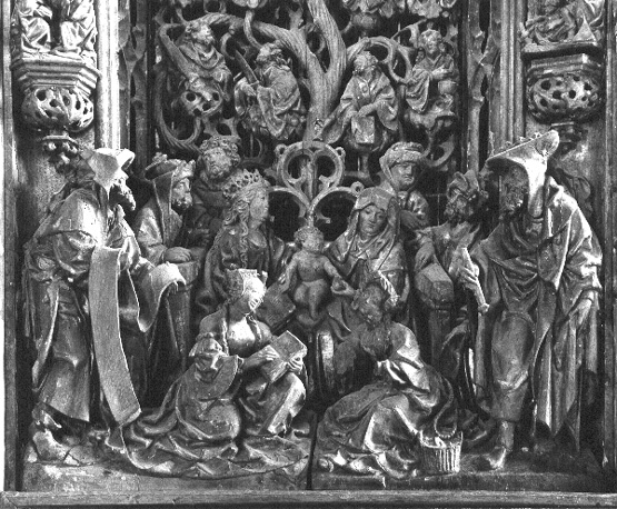 Retabel II, middendeel, beneden: verheerlijking van Maria; boom van Jesse