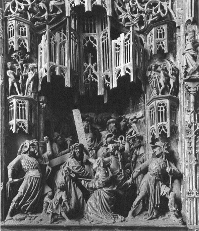 Passie-retabel, detail: kruisdraging door Christus