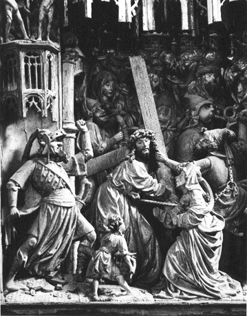 Passie-retabel, detail: kruisdraging door Christus