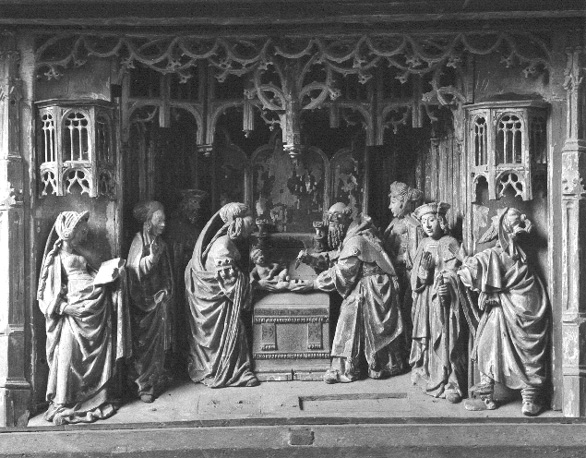 Passie-retabel, detail: Besnijdenis van Christuskind door priester in tempel