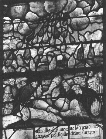 Gebrandschilderd raam, links van apsis: Apocalypse; detail: Opening van zesde zegel: sterren vallen op aarde, de mensen vluchten in grotten (Openbaring 6)