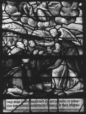 Gebrandschilderd raam, links van apsis: Apocalypse; detail: Het zegelen van de stammen van Israël (Openbaring 7)
