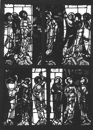 Deel van gebrandschilderd raam in zuidelijke zijbeuk: 'Hemelvaart van Christus', detail: Maria met twaalf apostelen