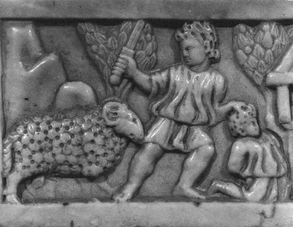 Crypte; christelijke sarcofaag (toegeschreven aan Sint Quiteria), voorzijde, op deksel; detail: Offer van Isaak