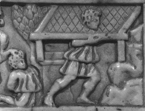 Crypte; christelijke sarcofaag (toegeschreven aan Sint Quiteria), voorzijde, op deksel; detail: lamme neemt zijn bed op