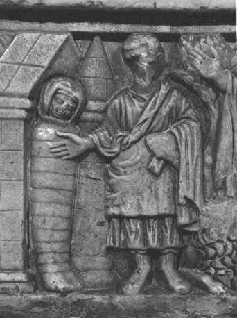 Crypte; christelijke sarcofaag (toegeschreven aan Sint Quiteria), voorzijde, op kist; detail: De opwekking van Lazarus