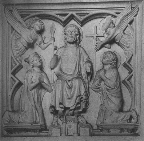 Koor; graf van Bernard Brun, detail: (op achtergrond muur) één van de vier medaillons met tronende Christus tussen knielende Maria en Johannes de Doper (?): Laatste Oordeel