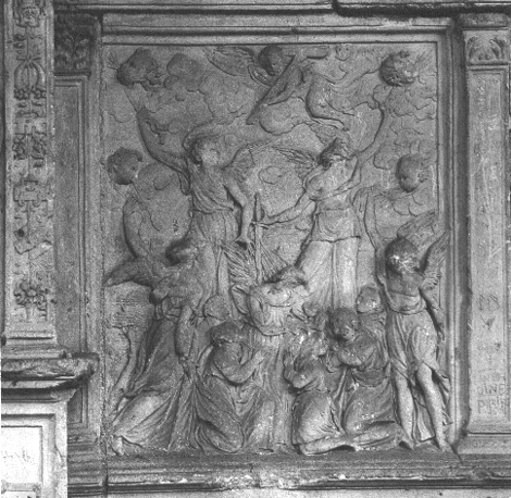 Koorsluiting; graf van Jean de Langeac; paneel op het basement met "De vier winden tegengehouden door vier engelen"  (Apocalyps)