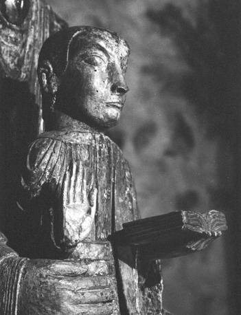 Tronende Moeder Gods (Sedes Sapientiae), genoemd Notre-Dame de Vauclair, detail: Christuskind met boek in linkerhand