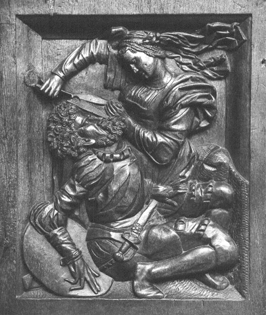 Koorgestoelte, ornamenteel reliëf: Samson's haarlokken worden afgesneden door Delila