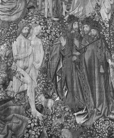 Schatkamer, wandtapijt:  "La création du monde par la Trinité en 7 jours" , detail: Adam en Eva