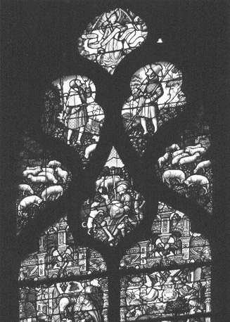 Chapelle de la Vierge,, gebrandschilderd raam (baie 2), bovenste deel: (linker lancetraam) twijfel van Jozef, (rechter lancetraam) Geboorte van Christus