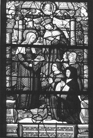 Chapelle de la Vierge, gebrandschilderd raam (baie 2), rechter lancetraam , onderste deel: de stichters voor Maria