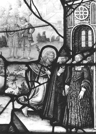 Zuidelijke zijbeuk, baie 26, gebrandschilderd raam: parabel van de genodigden (detail)