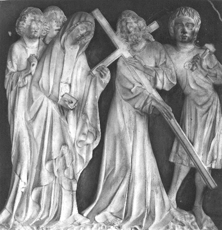 Retabel (fragment): Christus draagt het kruis, vier andere personen aanwezig (onder andere Maria ?)