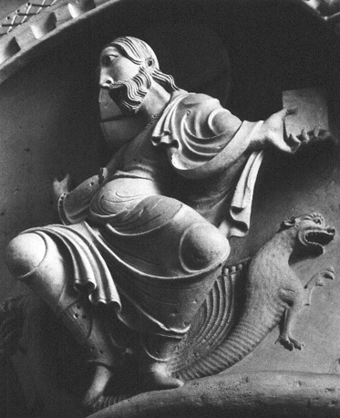 Zuidelijke zijbeuk, kapiteel: Verzoeking van Christus in de woestijn (detail)