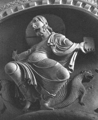 Zuidelijke zijbeuk, kapiteel: Verzoeking van Christus in de woestijn (detail)