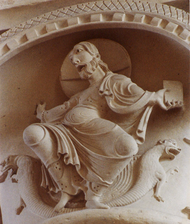 Zuidelijke zijbeuk, kapiteel: Verzoeking van Christus in de woestijn (detail)