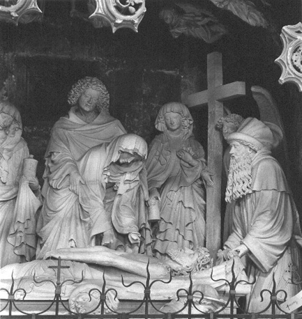 Christus' graflegging; groep van dertien personnages (o.a. twee engelen en drie bewakers) plus acht vliegende engelen (rechter deel)