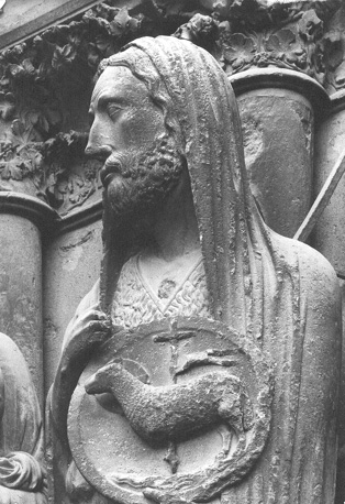 Westfacade, zuidportaal, rechter portaalwang: voorouders van Christus, detail: hoofd van Johannes de Doper