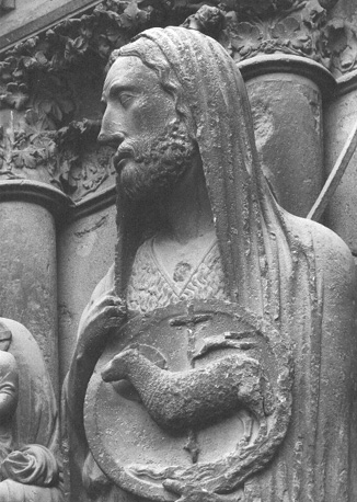 Westfacade, zuidportaal, rechter portaalwang: voorouders van Christus, detail: hoofd van Johannes de Doper