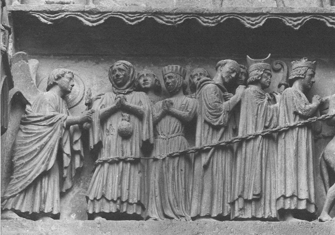Noordfacade, linker portaal, timpaan met Laatste Oordeel, detail: de verdoemden