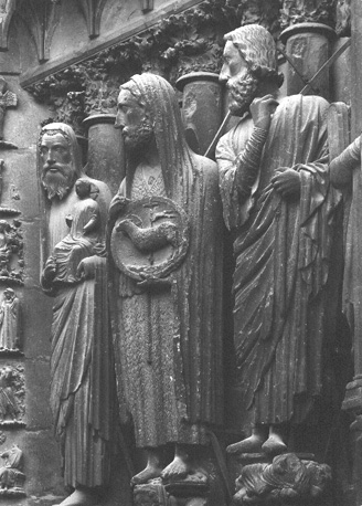 Westfacade, zuidportaal, rechter portaalwang: Simeon (Senex van eruzalem?)  Johannes de Doper en Jesaja