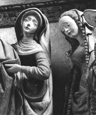 Derde kapel in zuidelijk zijbeuk: Graflegging van Christus, detail: twee vrouwelijke figuren