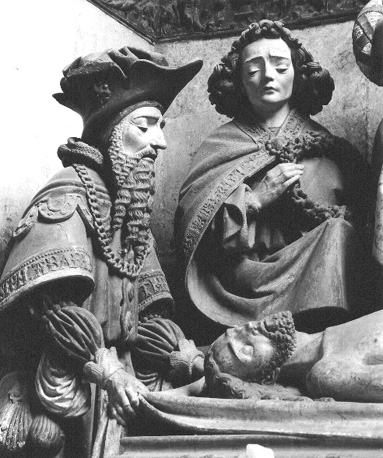 Derde kapel in zuidelijk zijbeuk: Graflegging van Christus, detail: Jozef van Arimatea, Christus en Johannes