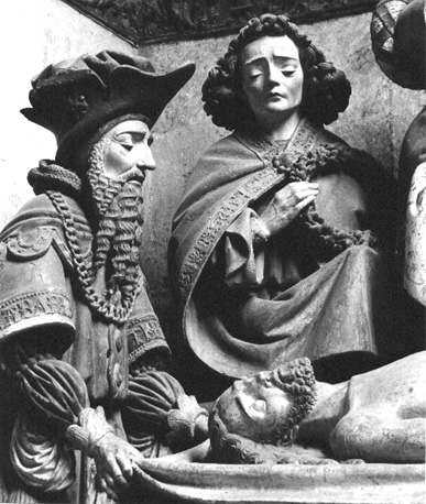 Derde kapel in zuidelijk zijbeuk: Graflegging van Christus, detail: Jozef van Arimatea, Christus en Johannes