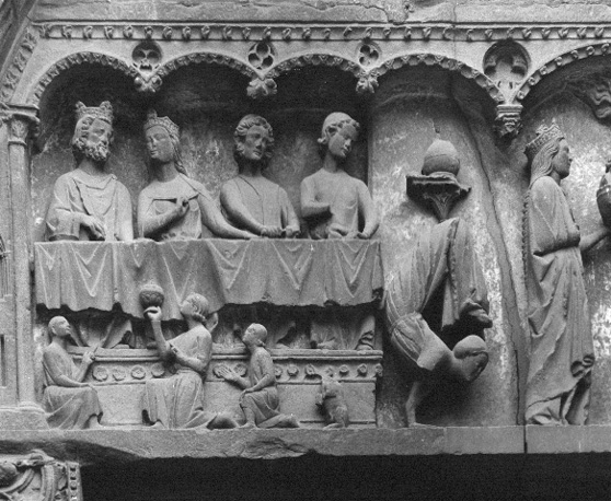 Westfacade, noordelijk portaal (gewijd aan Johannes de Doper), timpaan: Salome die danst tijdens het banket van Herodus