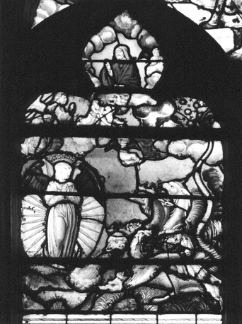 Noordelijke zijbeuk, gebrandschilderd raam met de Apocalypse, detail: de draak bedreigt de zwangere vrouw