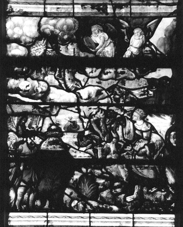 Noordelijke zijbeuk, gebrandschilderd raam met de Apocalypse, detail: de hoer van Babylon