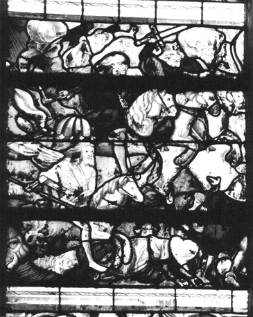 Noordelijke zijbeuk, gebrandschilderd raam met de Apocalypse, detail: de vier ruiters van de Apocalypse