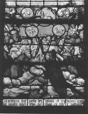 Noordelijke zijbeuk, gebrandschilderd raam met de Apocalypse, detail: Aanbidding van het Lam op de berg Sion door de 144-duizend (Oudsten)