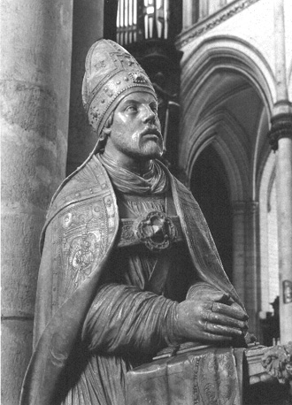 Zuidelijke zijbeuk: graf van Eustache de Croy (bisschop van Arras, proost van Saint-Omer), detail: de knielende bisschop
