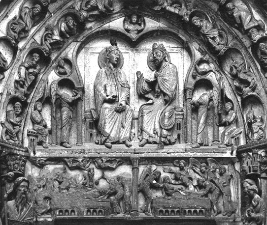 Westfacade, portaal, timpaan: kroning van Maria; latei: graflegging van Maria en hemelvaart van Maria