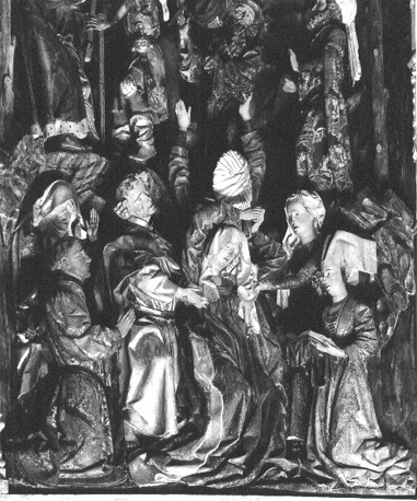 Passie-retabel, middenstuk (beneden), Kruisiging van Christus: omstanders aan de voet van het kruis, onder wie Maria (bezwijmend), Maria Magdalena en Johannes de Evangelist