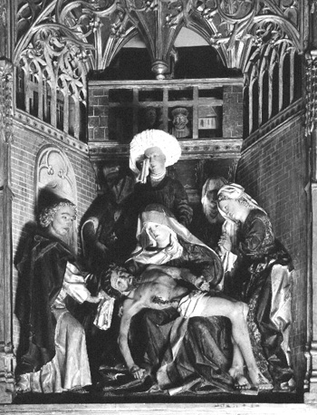 Passie-retabel, detail: De bewening van de dode Christus; aanwezig zijn onder andere Maria, Johannes de Evangelist, Maria Magdalena
