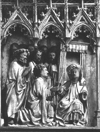 Retabel gewijd aan de dood van Maria, detail: Johannes de Evangelist geeft haar de palm