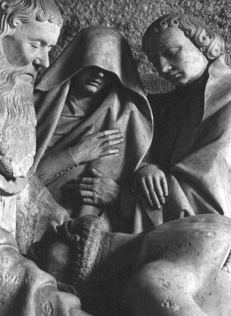Saint Sépulcre: Graflegging van Christus, detail: Jozef van Arimatea, Maria, Johannes the Evangelist, Christus
