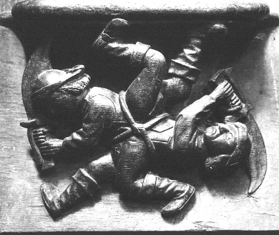 Koorgestoelte, detail: misericorde: Zwaardspel op de kermis