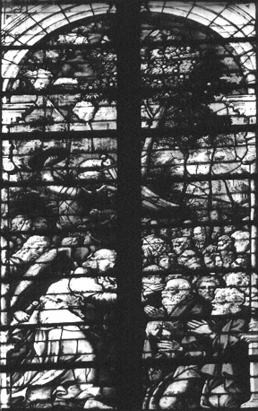 Glas-in-lood raam met scène uit de Apocalyps, detail: Zegeling van de stammen van Israël, de 144-duizend