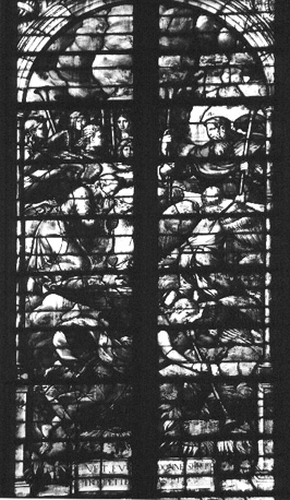 Glas-in-lood raam met scène uit de Apocalyps, detail: Zeven bazuinen worden uitgedeeld (Opening van het zevende zegel)